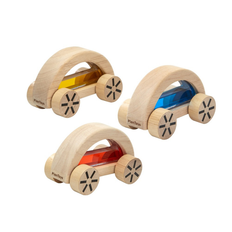 La Wautomobile, une petite voiture en bois remplie d'eau colorée de Plan Toys